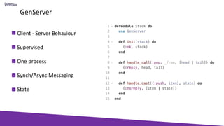 GenServer
Client - Server Behaviour
Supervised
One process
Synch/Async Messaging
State
 