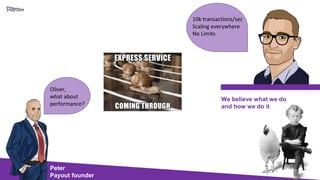 Oliver,
what about
performance?
Peter
Payout founder
10k transactions/sec
Scaling everywhere
No Limits
We believe what we do
and how we do it
 