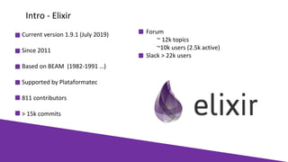 Current version 1.9.1 (July 2019)
Since 2011
Based on BEAM (1982-1991 …)
Supported by Plataformatec
811 contributors
> 15k commits
Intro - Elixir
Forum
~ 12k topics
~10k users (2.5k active)
Slack > 22k users
 