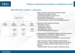 Praktyczne wykorzystanie prototypów w projektowaniu portali


              Kilka informacji o projekcie - ciekawostki
                                                  Każdy z serwisów dostępny pod osobnym adresem:
                                                  - Ministerstwo Finansów: mf.gov.pl
                                                  - Administracja Podatkowa: ap.gov.pl lub
                                                  administracjapodatkowa.gov.pl
                                                  - Służba Celna: sluzbacelna.gov.pl lub sc.gov.pl
                                                  - Kontrola Skarbowa: ks.gov.pl lub kontrolaskarbowa.gov.pl

                                                  Adresy stron poszczególnych jednostek:
                                                  - Izba Celna: ic.gov.pl
                                                  - Urząd Celny: uc.gov.pl
                                                  - Izba Skarbowa: is.gov.pl
                                                  - Urząd Skarbowy: us.gov.pl
                                                  - Urząd Kontroli Skarbowej: uks.gov.pl

                                                  Każda z placówek danej jednostki będzie mieć adresy w formie:
                                                  - Urząd Skarbowy w Rzeszowie: rzeszow.us.gov.pl
                                                  - Izba Celna w Krośnie: krosno.ic.gov.pl
                                                  - Urząd Kontroli Skarbowej w Rzeszowie: rzeszow.uks.gov.pl

                                                  Jeżeli w Rzeszowie istnieją 2 oddziały Urzędu Celnego, to:
                                                  - rzeszow.uc.gov.pl - pod tym adresem będzie strona z mapą
                                                  linków do wszystkich jednostek Urzędu Celnego w mieście
                                                  Rzeszów
                                                  - adresy placówek: rzeszow1.uc.gov.pl, rzeszow2.uc.gov.pl



www.ideo.pl
 