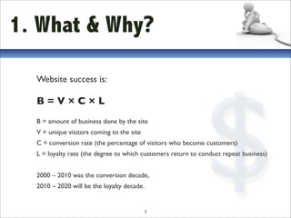1. What & Why?




                                                             $
  Website success is:

  B=V×C×L
  B = amount of business done by the site
  V = unique visitors coming to the site
  C = conversion rate (the percentage of visitors who become customers)
  L = loyalty rate (the degree to which customers return to conduct repeat business)


  2000 – 2010 was the conversion decade,
  2010 – 2020 will be the loyalty decade.


                                            7
 