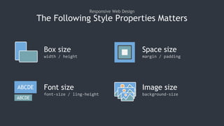 The Following Style Properties Matters
Responsive Web Design
ABCDE
ABCDE
Box size
width / height
Space size
margin / padding
Font size
font-size / ling-height
Image size
background-size
 