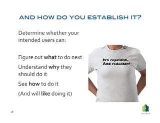  Determine	
  whether	
  your	
  
             intended	
  users	
  can:	
  	
  

         	
  Figure	
  out	
  what	
  to	
  do	
  next	
  
         	
  Understand	
  why	
  they	
  
             should	
  do	
  it	
  
         	
  See	
  how	
  to	
  do	
  it	
  
         	
  (And	
  will	
  like	
  doing	
  it)	
  

28	
  
 