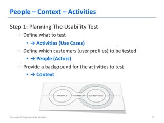 People – Context – Activities
Step 1: Planning The Usability Test
       ▫ Define what to test
          • → Activities (Use Cases)
       ▫ Define which customers (user profiles) to be tested
          • → People (Actors)
       ▫ Provide a background for the activities to test
          • → Context




Seminari d'Enginyeria de Serveis                               20
 