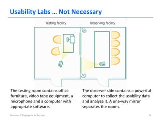 Usability Labs … Not Necessary




The testing room contains office     The observer side contains a powerful
furniture, video tape equipment, a   computer to collect the usability data
microphone and a computer with       and analyze it. A one-way mirror
appropriate software.                separates the rooms.
Seminari d'Enginyeria de Serveis                                         26
 