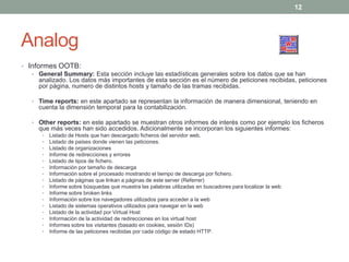 12




Analog
• Informes OOTB:
   • General Summary: Esta sección incluye las estadísticas generales sobre los datos que se han
      analizado. Los datos más importantes de esta sección es el número de peticiones recibidas, peticiones
      por página, numero de distintos hosts y tamaño de las tramas recibidas.

   • Time reports: en este apartado se representan la información de manera dimensional, teniendo en
      cuenta la dimensión temporal para la contabilización.

   • Other reports: en este apartado se muestran otros informes de interés como por ejemplo los ficheros
      que más veces han sido accedidos. Adicionalmente se incorporan los siguientes informes:
       •   Listado de Hosts que han descargado ficheros del servidor web.
       •   Listado de países donde vienen las peticiones.
       •   Listado de organizaciones
       •   Informe de redirecciones y errores
       •   Listado de tipos de fichero.
       •   Información por tamaño de descarga
       •   Información sobre el procesado mostrando el tiempo de descarga por fichero.
       •   Listado de páginas que linkan a páginas de este server (Referrer)
       •   Informe sobre búsquedas que muestra las palabras utilizadas en buscadores para localizar la web
       •   Informe sobre broken links
       •   Información sobre los navegadores utilizados para acceder a la web
       •   Listado de sistemas operativos utilizados para navegar en la web
       •   Listado de la actividad por Virtual Host
       •   Información de la actividad de redirecciones en los virtual host
       •   Informes sobre los visitantes (basado en cookies, sesión IDs)
       •   Informe de las peticiones recibidas por cada código de estado HTTP.
 