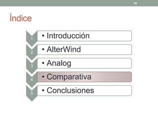 14




Índice

     1   • Introducción
     2   • AlterWind
     3   • Analog
     4   • Comparativa
     5   • Conclusiones
 