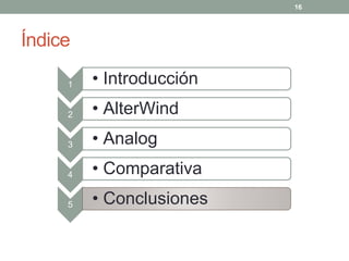16




Índice

     1   • Introducción
     2   • AlterWind
     3   • Analog
     4   • Comparativa
     5   • Conclusiones
 