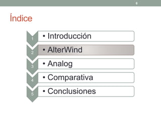 6




Índice

     1   • Introducción
     2   • AlterWind
     3   • Analog
     4   • Comparativa
     5   • Conclusiones
 