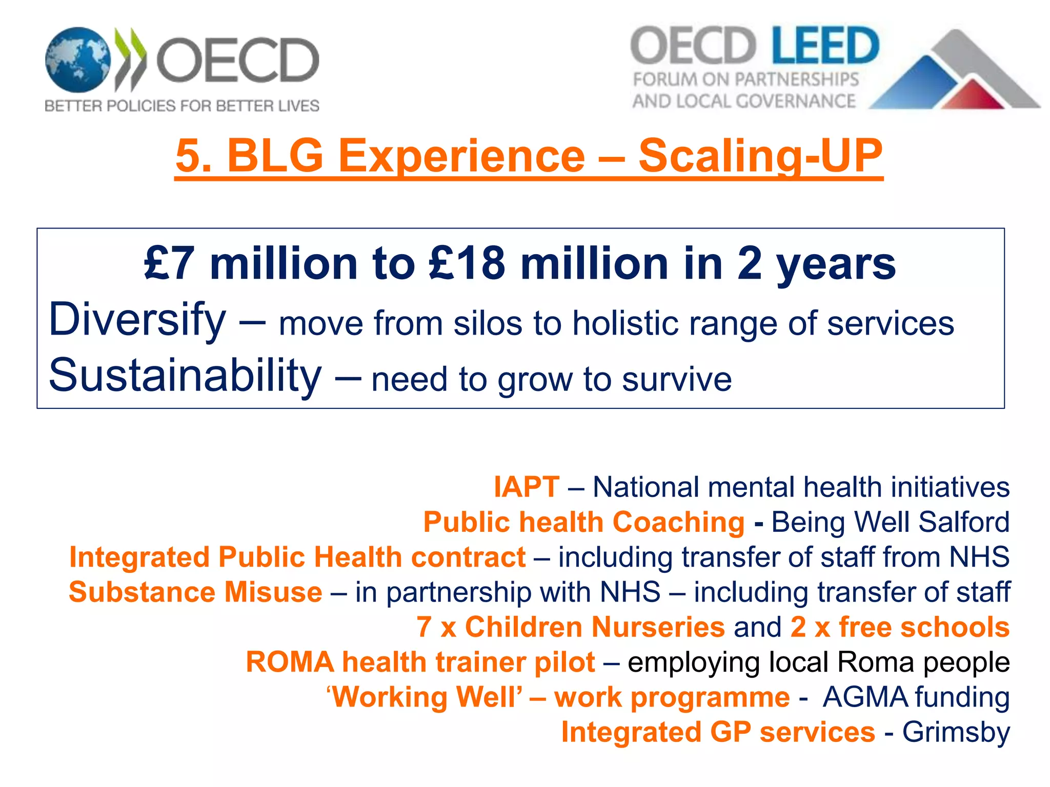 5. BLG Experience – Scaling-UP
IAPT – National mental health initiatives
Public health Coaching - Being Well Salford
Integrated Public Health contract – including transfer of staff from NHS
Substance Misuse – in partnership with NHS – including transfer of staff
7 x Children Nurseries and 2 x free schools
ROMA health trainer pilot – employing local Roma people
‘Working Well’ – work programme - AGMA funding
Integrated GP services - Grimsby
£7 million to £18 million in 2 years
Diversify – move from silos to holistic range of services
Sustainability – need to grow to survive
 