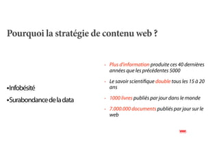 Pourquoi la stratégie de contenu web ?

                           ‣   Plus d’information produite ces 40 dernières
                               années que les précédentes 5000
                           ‣   Le savoir scientiﬁque double tous les 15 à 20
•Infobésité                    ans
                               1000 livres publiés par jour dans le monde
•Surabondance de la data   ‣


                           ‣   7.000.000 documents publiés par jour sur le
                               web
 