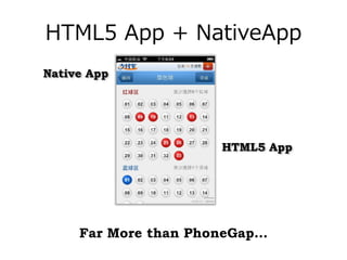 HTML5 App + NativeApp
Native App




                      HTML5 App




     Far More than PhoneGap…
 