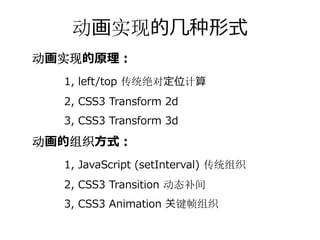 动画实现的⼏种形式
动画实现的原理：
  1, left/top 传统绝对定位计算
  2, CSS3 Transform 2d
  3, CSS3 Transform 3d

动画的组织⽅式：
  1, JavaScript (setInterval) 传统组织
  2, CSS3 Transition 动态补间
  3, CSS3 Animation 关键帧组织
 