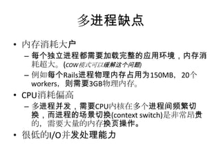 多进程缺点
• 内存消耗大户
– 每个独立进程都需要加载完整的应用环境，内存消
耗超大。(COW模式可以缓解这个问题)
– 例如每个Rails进程物理内存占用为150MB，20个
workers，则需要3GB物理内存。

• CPU消耗偏高
– 多进程并发，需要CPU内核在多个进程间频繁切
换，而进程的场景切换(context switch)是非常昂贵
的，需要大量的内存换页操作。

• 很低的I/O并发处理能力

 
