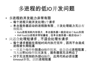 多进程的低IO并发问题
• 多进程的并发能力非常有限

– 每个进程只能并发处理1个请求
– 单台服务器启动的进程数有限，并发处理能力无法有
效提高
• Rails进程消耗内存很大，单台服务器一般启动30个Rails实例
• PHP FastCGI进程非常轻量级，但单台服务器一般启动64个

• 只适合处理短请求，不适合处理长请求

– 每个请求都能在很短时间内执行完毕，因而不会造成
进程被长期阻塞
– 一旦某个操作特别是IO操作阻塞，就会造成进程阻塞，
当大面积IO操作阻塞发生，服务器就无法响应了
– 对于无法预知的外部IO操作，应用代码必须设置
timeout参数，以防进程阻塞

 