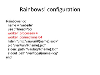 Rainbows! configuration
Rainbows! do
name = 'website'
use :ThreadPool
worker_processes 4
worker_connections 64
listen "unix:/var/run/#{name}.sock”
pid "/var/run/#{name}.pid"
stderr_path "/var/log/#{name}.log"
stdout_path "/var/log/#{name}.log"
end

 