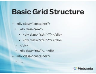 Basic Grid Structure
• <div class=“container”>
‣ <div class=“row”>

• <div class=“col-*-*”></div>
• <div class=“col-*-*”></div>
‣ </div>
‣ <div class=“row”>… </div>

• <div class=“container”>
‣ ...
20

 