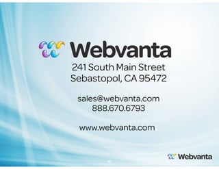 241 South Main Street
Sebastopol, CA 95472
sales@webvanta.com
888.670.6793
www.webvanta.comt

40

 