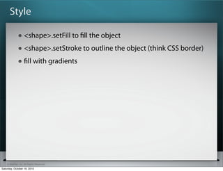 ? SitePen, Inc. All Rights Reserved
Style
<shape>.setFill to ?ll the object
<shape>.setStroke to outline the object (think CSS border)
?ll with gradients
Saturday, October 16, 2010
 