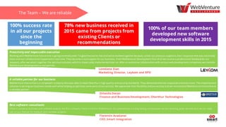 The Team – We are reliable
100% success rate
in all our projects
since the
beginning
78% new business received in
2015 came from projects from
existing Clients or
recommendations
100% of our team members
developed new software
development skills in 2015
Proactivityand impeccable execution
Working with WebVenture Interactive is going extremely well. I’m glad thatwe’ve met and we’ve worked together because, unlike our previous suppliers, their response time was extremely
short and our collaboration happened in real time.They became a realsupport for our business. From WebVenture Development first of all we receive a professional feedback for our
requests, after we select together the optimum solution, which is impeccably implemented later on. After an extensive collaboration with various web development companies, we consider
WebVenture Development a real partner.
Loredana Stan
Marketing Director, Leykom and RPD
A reliable partner for our business
WebVenture Interactive is a competent company who was able to meet Oberthur’s high quality and security standards. They delivered whatwe requested and even more. The implemented
solution is serving our business needs well while helping us optimize some parts of our activity. We appreciate their flexibility and pro-activity and we recommend WebVenture Interactive as
a reliable partner.
Orlando Docan
Finance and Business Development, Oberthur Technologies
Best software consultants
When it comes to business and software analysis the first company I have in mind is WebVenture. Our partnership is a long lasting one because we are receiving great services and we can really
rely on our Partner for medium and complex projects.
Florentin Avadanei
CEO,Smart Integration
 