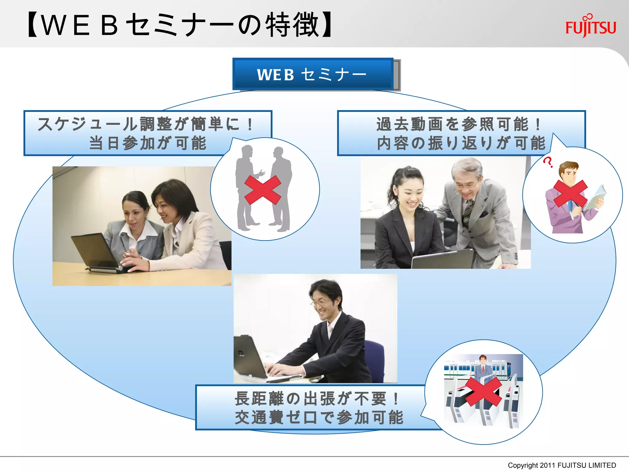 【ＷＥＢセミナーの特徴】
            WE B セミナー


スケジュール調整が簡単に！           過去動画を参照可能！
   当日参加が可能              内容の振り返りが可能




           長距離の出張が不要！
           交通費ゼロで参加可能

                               Copyright 2011 FUJITSU LIMITED
 