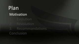 Plan
Motivation
1. Evolution
2. Révolution
3. Recommandations
Conclusion
 