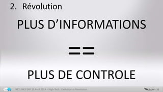 2. Révolution
38NETLINKS DAY 13 Avril 2014 – High-Tech : Evolution vs Revolution
PLUS D’INFORMATIONS
==
PLUS DE CONTROLE
 