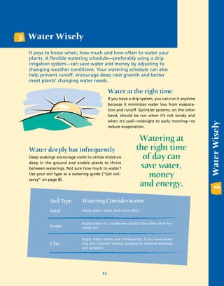 3. Water Wisely
  It pays to know when, how much and how often to water your
  plants. A flexible watering schedule—preferably using a drip
  irrigation system—can save water and money by adjusting to
  changing weather conditions. Your watering schedule can also
  help prevent runoff, encourage deep root growth and better
  meet plants’ changing water needs.

                                               Water at the right time
                                               If you have a drip system, you can run it anytime
                                               because it minimizes water loss from evapora-
                                               tion and runoff. Sprinkler systems, on the other
                                               hand, should be run when it’s not windy and
                                               when it’s cool—midnight to early morning—to




                                                                                                   3. Water Wisely
                                               reduce evaporation.


                                                               Watering at
  Water deeply but infrequently                               the right time
  Deep soakings encourage roots to utilize moisture             of day can
  deep in the ground and enable plants to thrive
  between waterings. Not sure how much to water?               save water,
  Use your soil type as a watering guide (“Get soil–
  savvy” on page 8).
                                                                 money
                                                               and energy.
             Soil Type        Watering Considerations
             Sand             Apply water faster and more often.


                              Apply water at a moderate rate but less often than for
             Loam             sandy soil.


                              Apply water slowly and infrequently. If you have heavy
             Clay             clay soil, consider adding compost to improve drainage
                              and aeration.




                                          11
 