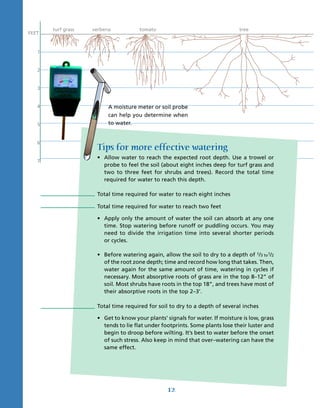 turf grass   verbena          tomato                                   tree
FEET


   1


   2


   3


   4                      A moisture meter or soil probe
                          can help you determine when
   5                      to water.


   6
                     Tips for more effective watering
                     • Allow water to reach the expected root depth. Use a trowel or
   7
                       probe to feel the soil (about eight inches deep for turf grass and
                       two to three feet for shrubs and trees). Record the total time
                       required for water to reach this depth.

                     Total time required for water to reach eight inches

                     Total time required for water to reach two feet

                     • Apply only the amount of water the soil can absorb at any one
                       time. Stop watering before runoff or puddling occurs. You may
                       need to divide the irrigation time into several shorter periods
                       or cycles.

                     • Before watering again, allow the soil to dry to a depth of 1/3 to1/2
                       of the root zone depth; time and record how long that takes. Then,
                       water again for the same amount of time, watering in cycles if
                       necessary. Most absorptive roots of grass are in the top 8–12” of
                       soil. Most shrubs have roots in the top 18”, and trees have most of
                       their absorptive roots in the top 2–3’.

                     Total time required for soil to dry to a depth of several inches

                     • Get to know your plants’ signals for water. If moisture is low, grass
                       tends to lie flat under footprints. Some plants lose their luster and
                       begin to droop before wilting. It’s best to water before the onset
                       of such stress. Also keep in mind that over–watering can have the
                       same effect.




                                                 12
 