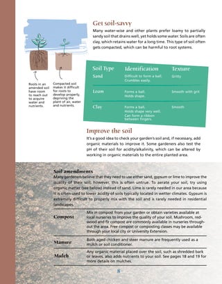 Get soil-savvy
                                        Many water-wise and other plants prefer loamy to partially
                                        sandy soil that drains well, yet holds some water. Soils are often
                                        clay, which retains water for a long time. This type of soil often
                                        gets compacted, which can be harmful to root systems.




                                        Soil Type          Identification              Texture
                                        Sand               Difficult to form a ball.   Gritty
                                                           Crumbles easily.
Roots in an    Compacted soil
amended soil   makes it difficult
have room      for roots to             Loam               Forms a ball.               Smooth with grit
to reach out   develop properly,                           Holds shape.
to acquire     depriving the
water and      plant of air, water
nutrients.     and nutrients.
                                        Clay               Forms a ball.               Smooth
                                                           Holds shape very well.
                                                           Can form a ribbon
                                                           between fingers.


                                     Improve the soil
                                     It’s a good idea to check your garden’s soil and, if necessary, add
                                     organic materials to improve it. Some gardeners also test the
                                     pH of their soil for acidity/alkalinity, which can be altered by
                                     working in organic materials to the entire planted area.



               Soil amendments
               Many gardeners believe that they need to use either sand, gypsum or lime to improve the
               quality of their soil; however, this is often untrue. To aerate your soil, try using
               organic matter (see below) instead of sand. Lime is rarely needed in our area because
               it is often used to lower acidity of soils typically located in wetter climates. Gypsum is
               extremely difficult to properly mix with the soil and is rarely needed in residential
               landscapes.

                                     Mix in compost from your garden or obtain varieties available at
               Compost               local nurseries to improve the quality of your soil. Mushroom, red-
                                     wood and fir compost are commonly available in nurseries through-
                                     out the area. Free compost or composting classes may be available
                                     through your local city or University Extension.

                                     Both aged chicken and steer manure are frequently used as a
               Manure                mulch or soil conditioner.
                                     Any organic material placed over the soil, such as shredded bark
               Mulch                 or leaves, also adds nutrients to your soil. See pages 18 and 19 for
                                     more details on mulches.

                                                       8
 