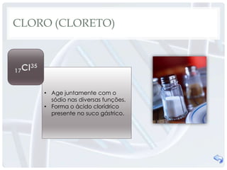 CLORO (CLORETO)




    • Age juntamente com o
      sódio nas diversas funções.
    • Forma o ácido clorídrico
      presente no suco gástrico.
 