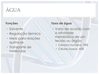 ÁGUA

Funções               Taxa de água
• Solvente            • Varia de acordo com
• Regulação térmica     a atividade
• Meio para reações     metabólica de um
  químicas              tecido ou órgão:
                        • Cérebro humano: 78%
• Transporte de
                        • Células ósseas: 40%
  moléculas
 