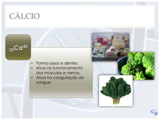 CÁLCIO




    • Forma ossos e dentes.
    • Atua no funcionamento
      dos músculos e nervos.
    • Atua na coagulação do
      sangue.
 