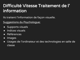 Ils traitent l’information de façon visuelle.
Suggestions du Psychologue:
● Supports visuels
● Indices visuels
● Références
● Images
● Usages de l’ordinateur et des technologies en salle de
classe
Difficulté Vitesse Traitement de l’
information
 
