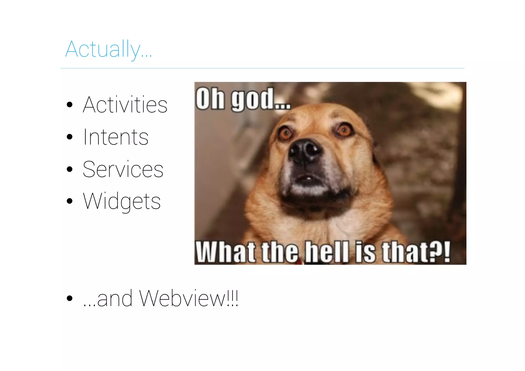 Actually…
•  Activities
•  Intents
•  Services
•  Widgets

•  ...and Webview!!!

 
