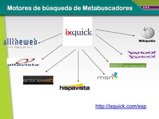 Motores de búsqueda de Metabuscadores




                                            Wikipedia




                          http://ixquick.com/esp
 