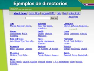 Ejemplos de directorios
    about dmoz | dmoz blog | suggest URL | help | link | editor login
                                                                      advanced
                                                  Search


Arts                              Business                      Computers
Movies, Television, Music...      Jobs, Real Estate,            Internet, Software, Hardware...
                                  Investing...
Games                             Health                        Home
Video Games, RPGs,                Fitness, Medicine,            Family, Consumers, Cooking...
Gambling...                       Alternative...
Kids and Teens                    News                          Recreation
Arts, School Time, Teen Life...   Media, Newspapers,            Travel, Food, Outdoors,
                                  Weather...                    Humor...
Reference                         Regional                      Science
Maps, Education, Libraries...     US, Canada, UK, Europe...     Biology, Psychology, Physics...

Shopping                          Society                       Sports
Clothing, Food, Gifts...          People, Religion, Issues...   Baseball, Soccer, Basketball...

World
Català, Dansk, Deutsch, Español, Français, Italiano, 日本語, Nederlands, Polski, Русский,
Svenska...
 