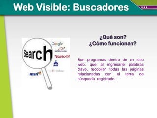 Web Visible: Buscadores

                    ¿Qué son?
                 ¿Cómo funcionan?


            Son programas dentro de un sitio
            web, que al ingresarle palabras
            clave, recopilan todas las páginas
            relacionadas con el tema de
            búsqueda registrado.
 