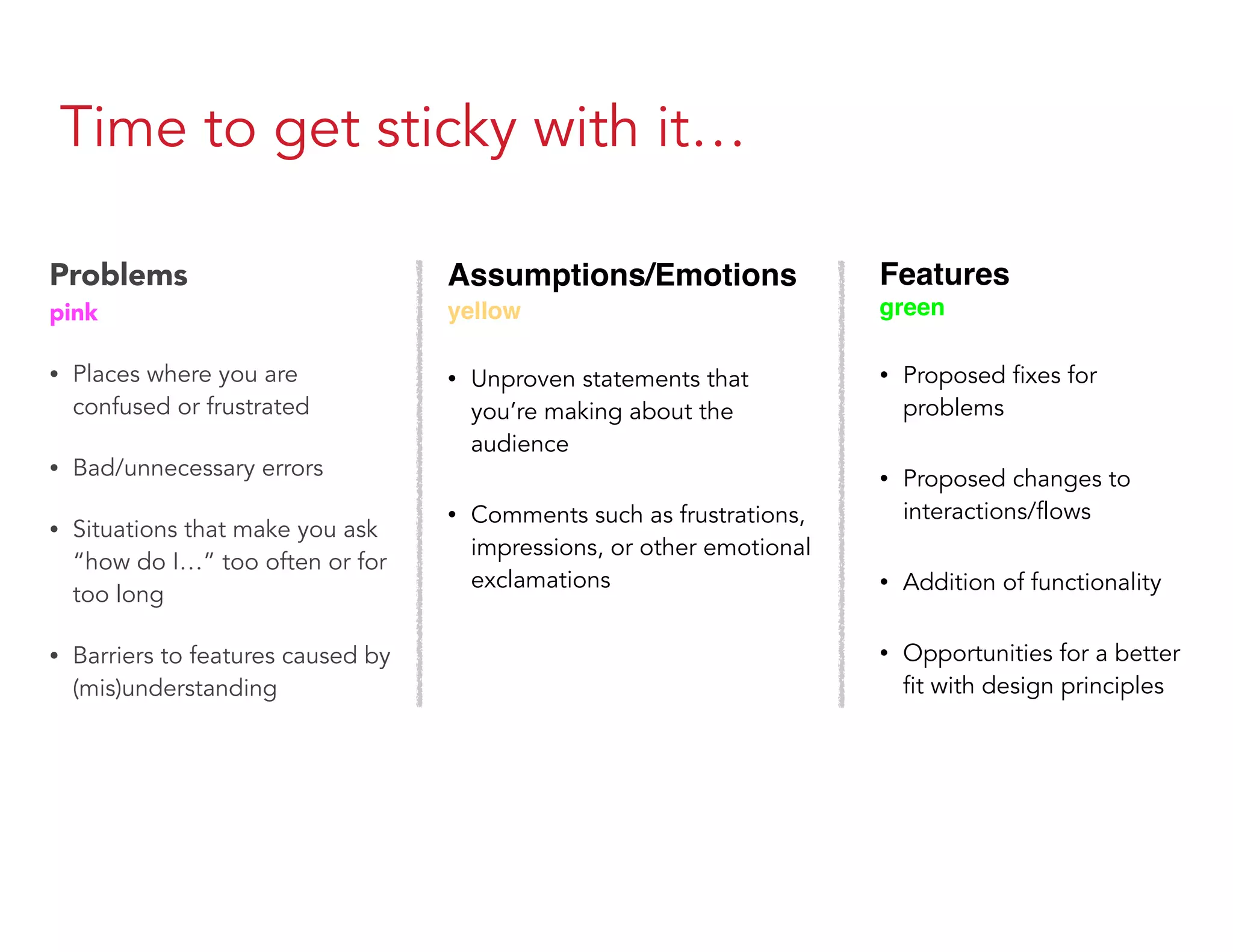 Time to get sticky with it…
Problems 
pink
• Places where you are
confused or frustrated
• Bad/unnecessary errors
• Situations that make you ask
“how do I…” too often or for
too long
• Barriers to features caused by
(mis)understanding
Assumptions/Emotions  
yellow
• Unproven statements that
you’re making about the
audience
• Comments such as frustrations,
impressions, or other emotional
exclamations
Features  
green
• Proposed fixes for
problems
• Proposed changes to
interactions/flows
• Addition of functionality
• Opportunities for a better
fit with design principles
 