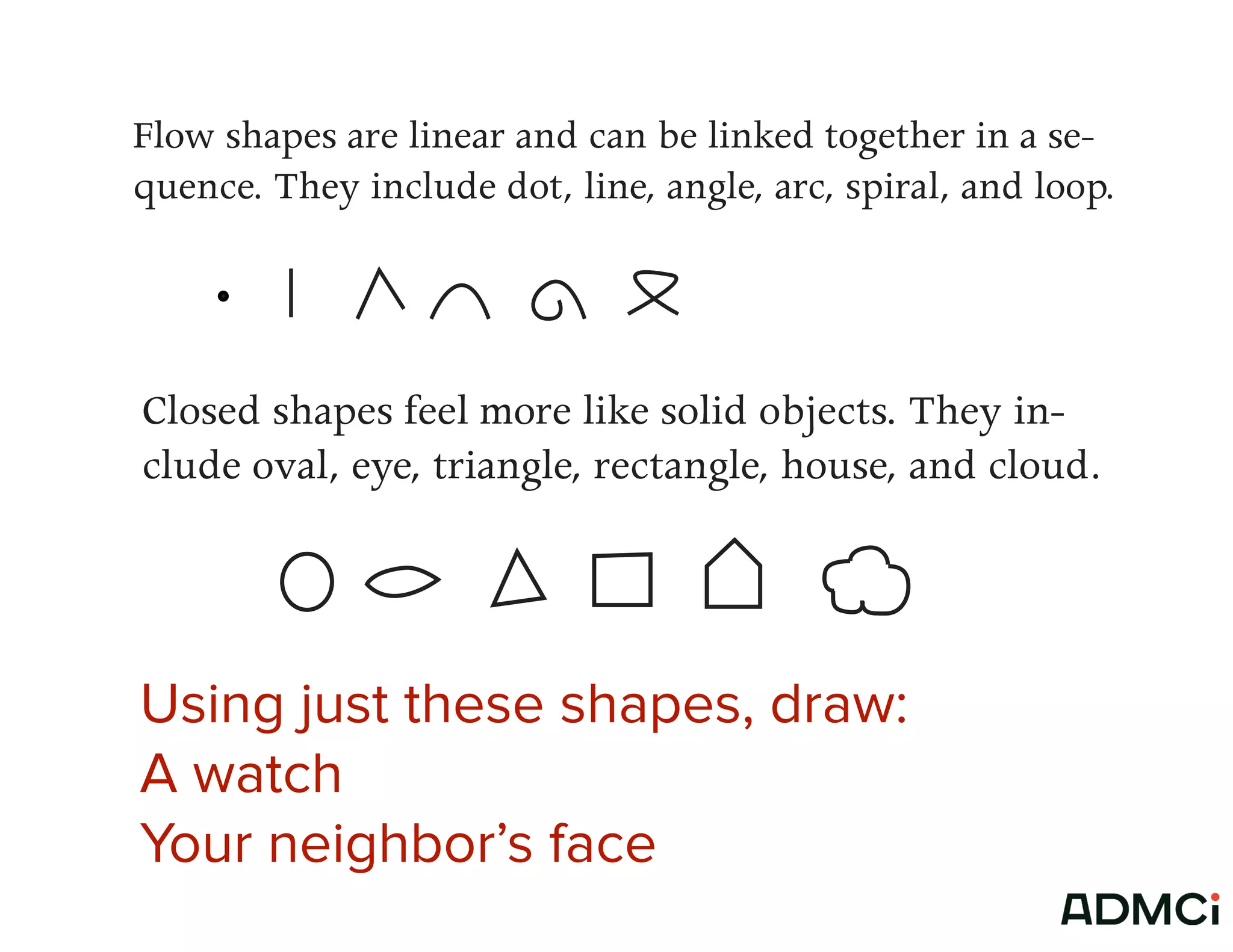 Flow shapes are linear and can be linked together in a se-
quence. They include dot, line, angle, arc, spiral, and loop.
Closed shapes feel more like solid objects. They in-
clude oval, eye, triangle, rectangle, house, and cloud.
Using just these shapes, draw:
A watch
Your neighbor’s face
 