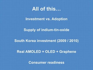 All of this… 
Investment vs. Adoption 
Supply of indium-tin-oxide 
South Korea investment (2009 / 2010) 
Real AMOLED = OLED + Graphene 
Consumer readiness 
 