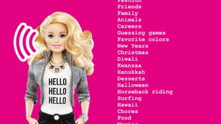 Fashion
Friends
Family
Animals
Careers
Guessing games
Favorite colors
New Years
Christmas
Diwali
Kwanzaa
Hanukkah
Desserts
Halloween
Horseback riding
Surfing
Hawaii
Chores
Food
 