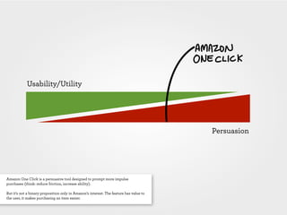 Usability/Utility




                                                                                        Persuasion




Amazon One Click is a persuasive tool designed to prompt more impulse
purchases (think: reduce friction, increase ability).

But it’s not a binary proposition only in Amazon’s interest. The feature has value to
the user, it makes purchasing an item easier.
 