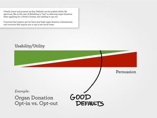 Clearly intent and purpose are key. Defaults can be pushed within the
spectrum, like in the case of defaulting to “yes” in selecting organ donation
when applying for a driver’s license, and needing to opt out.

Countries that require opt-out have very high organ donation volunteerism,
and countries that require you to opt in are much lower.




            Usability/Utility




                                                                                Persuasion



            Example:
            Organ Donation
            Opt-in vs. Opt-out
 
