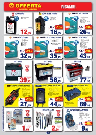 10
LEIMMAGINISONOPURAMENTEILLUSTRATIVE
CARICA BATTERIE HF800 BOOSTER LIFE P04
• Carica batterie elettronico
• Ricarica tramite presa
accendisigari, clip e anelli
di tenuta
• Corrente carica 2/8 Amp.
• Capacità di carica da 8 a
170 Ah
BATTERIE BATTERIE BATTERIE
Primo
Prezzo
Prezzo
• Benzina e Diesel
• API SF/CD
• ACEA A3/B4
• API SL/CF
• VW 501.01
OLIO 15W40 OLIO I-BASE 15W40
Primo
Prezzo
Prezzo
793534
756040
16,95
19,95 -15%
12,95
125336
• Elite Multivalvole
10W40
• API SN/CF
• ACEA A3/B4
• VW 502.00 - 505.00
• MB 229.1
OLIO 10W40
223956
• Elite Evolution
5W40
• ACEA A3/B4
• VW 505.01
• BMW LL04
• RN 0710
OLIO 5W40
26,95
33,95 -20%
RICAMBI
44,95
59,95 -25%
32,95
41,95 -21%
907008
907009
• Autogas 5W40
• Autogas 5W30
• Specifico per vetture
GPL o Metano
OLIO 5W40 - 5W30
35,95
44,95 -20%
A PARTIRE
DA
89,95
10995 -18%
CARICA BATTERIE BDV090
936710
• 6V - 12V.
• Funzione manteni-
mento della carica
• Dotato di pinze per
la batteria e anelli
capicorda
• Per batterie fino a
70Ah 700542 943775
• Corrente di punta
450A
• Per veicoli a benzina
<3.0L e diesel 2.0L
• Test alternatore +
test batteria
• Protezione sovrac-
carico e inversione
polarità
27,95
34,95 -20%
56,95
A PARTIRE
DA
77,95
A PARTIRE
DA
39,95
A PARTIRE
DA
367349
• Elite Evolution LL
5W30
• ACEA A3/B4 C3
• VW 505.01
• BMW LL04
• MB 229.1
• GM LL-A-025
• GM LL-B-025
OLIO 5W30
43,95
54,95 -20%
KIT UNIVERSALE LAMPADINE
9,55
15,95 -40%
34384
LAMPADINE
1,69
A PARTIRE
DA
Primo
Prezzo
Prezzo
TERGICRISTALLI
Primo
Prezzo
Prezzo
2,99
A PARTIRE
DA
• 12 pezzi:
• Lampadine: 1 x H1, 1 x
H7, 1 x H4, 2 x BA15S; 1
x BAY15D, 1 x BAU15S, 2
x T10.
• Fusibili: 1 x 10A , 1 x 15A,
1 x 20A
PossibilitàdiinstallazionePressolenostreofficine
dal15.02.2016al20.03.2016
42027
OFFERTA
KDC-100UBS
69,63
84,95
IVA
SENZA
I GIORNI
dal 21.03.2016 al 08.05.2016
 