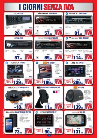 4
SENZAIVAI GIORNI
ALTOPARLANTI
NS-312 BT
LEIMMAGINISONOPURAMENTEILLUSTRATIVE
KV-AV61BT
DX-AR-333 MVH-180UI
KDC-100UBS
DXS-A60BT
DEH-4800BT
• 4x20W
• Frontalino
Fisso
• 4x50W
• 2 RCA
• 4x50W
• 1 RCA
• 4x55W
• MP3 - WMA
• 4x50W
• MP3 - WMA
• Display 6,1”
Touch
• 4X50W
• USB
• CD
• MP3 - WMA
• DIVX - MPEG
1/2
• USB Front
• SD Card
• USB Front
• USB Front
• CD
• USB Front
• USB Front
• CD
• Aux-IN
Front
• Aux-IN
Front
• Aux-IN
Front
• Aux-IN
Front
• Aux-IN
Front
903625
940149
964016 872503 661860
30925
42027
757188
30928
DX-CD-593
SV-893
• 4x45W
• CD
• Display 7”
Touch
• 4x45W
• 1 RCA
• USB Front
• Aux-IN Front
• SD Card
• Display 7”
Touch
• 4x50W
• 1 RCA
• USB Front
• Aux-IN Front
• CD
• USB
• SD Card
• Aux-IN
Front
ESCLUSIVA NORAUTO
20,45
24,95
IVA
SENZA
IGIORNI
57,33
69,95
IVA
SENZA
IGIORNI
139,30
169,95
IVA
SENZA
IGIORNI
-18%
SU TUTTA LA GAMMA
IVA
SENZA
IGIORNI
919386
PNS510 BT
• Display 5”
Touch
• Mappa Europa
aggiornamento
a vita
• USB
• Micro SD
90,12
109,95
IVA
SENZA
IGIORNI
57,33
69,95
IVA
SENZA
IGIORNI
69,63
84,95
IVA
SENZAIGIORNI
81,92
99,95
IVA
SENZA
IGIORNI
114,71
139,95
IVA
SENZA
IGIORNI
286,95
349,95
IVA
SENZA
IGIORNI
38954
SMARTPHONE ZEFIRO
• Quad Core Cortex A7
1.3GHz
• Android 4.4.2 KitKat
• Fotocamera 8 Mpx
• Dual SIM
• Memoria 4GB espandibile
con Micro SD a 32GB
73,72
89,95
IVA
SENZA
IGIORNI
196,68
239,95
IVA
SENZA
IGIORNI
858194
GO 40
• Display
4,3”
Touch
• Mappa
Europa
45 paesi
131,10
159,95
IVA
SENZA
IGIORNI
NS12AT
653425
• Amplificato
• Diam. 30 cm.
• Potenza nomi-
nale: 150W
• Potenza Max:
450W
• Dimensioni:
36,5x36,5x55
cm.
139,35
169,95
IVA
SENZA
IGIORNI
SUPPORTO SMARTPHONE
Colori disponibili:
11,43
13,95
IVA
SENZA
IGIORNI
 