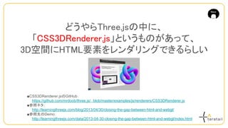 どうやらThree.jsの中に、
「CSS3DRenderer.js」というものがあって、
3D空間にHTML要素をレンダリングできるらしい
■CSS3DRenderer.jsのGitHub：
　　https://github.com/mrdoob/three.js/　blob/master/examples/js/renderers/CSS3DRenderer.js
■参照ネタ：
　　http://learningthreejs.com/blog/2013/04/30/closing-the-gap-between-html-and-webgl/
■参照先のDemo：
　　http://learningthreejs.com/data/2013-04-30-closing-the-gap-between-html-and-webgl/index.html
 