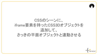 CSSのシーンに、
iframe要素を持ったCSS3Dオブジェクトを
追加して、
さっきの平面オブジェクトと連動させる
 