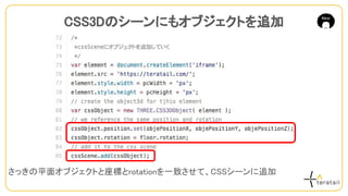 さっきの平面オブジェクトと座標とrotationを一致させて、CSSシーンに追加
CSS3Dのシーンにもオブジェクトを追加
 