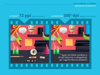 MINIMUM FELBONTÁS
INTERNET 72 ppi [pixel inchenként] NYOMTATÁS 300*dpi [képpont inchenként]
* Egyes termékek esetében a
80 dpi felbontás is elfogadható
(pl. nagyformátumú plakátok)
 
